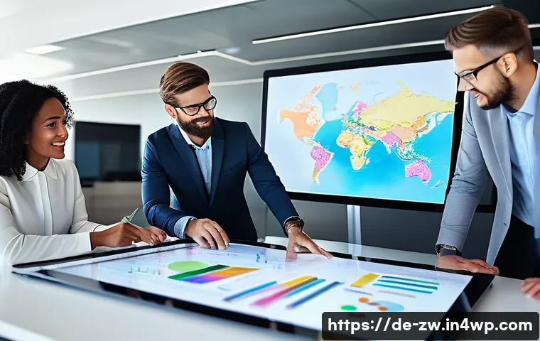 지식 구조화 시스템의 통합적 접근 - A modern office scene showing a diverse team of professionals collaborating around a large digital t...