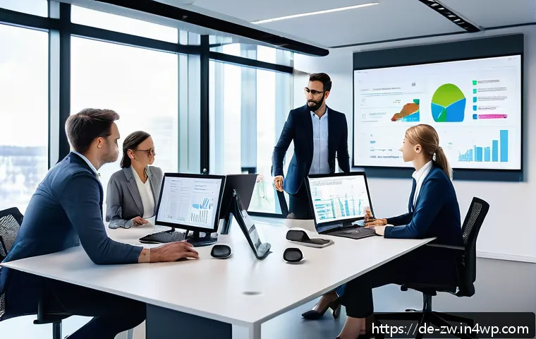 지식 관리 시스템의 발전 방향 - A modern German office environment showing a diverse team of professionals collaborating around a la...