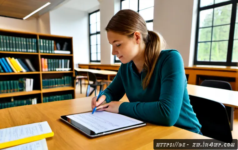 Home 17 지식 관리와 교육의 상관관계 - Photorealistic modern German university library, an adult student organizing color-coded handwritten...